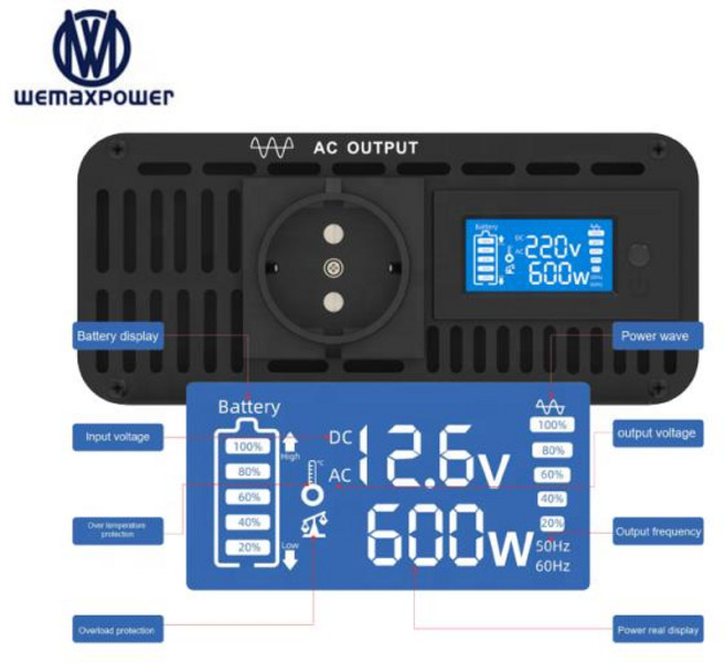 WEMAXPOWER LCD 디스플레이 순수 사인파 컨버터 전력 인버터 2V 24V 48V220V 230V 240V 50Hz 60Hz 600 와트, 1개