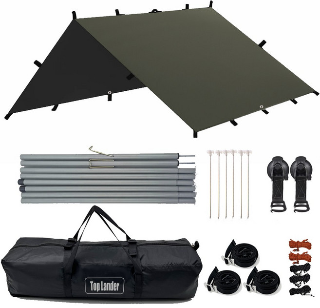 탑 랜더 19개의 연결 고리가 있는 다용도 대형 렉타 캠핑 방수 타프 차량용어닝 야외용 UV 차단, 올리브 그린, 타프 세트(블랙 코팅 타프)
