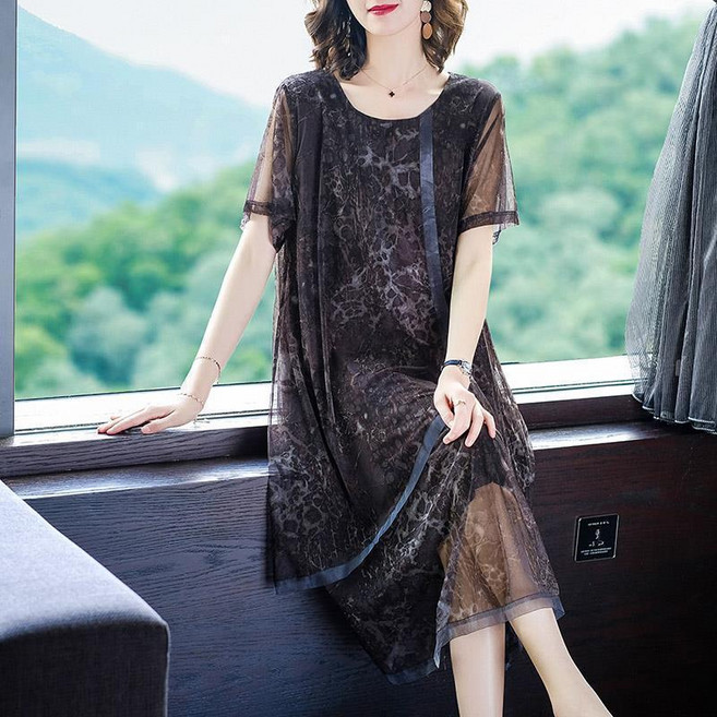 復古網紗拼接連衣裙女夏裝寬鬆中長款雪紡裙子, 豹紋色,5XL（建議92.5-102.5公斤）