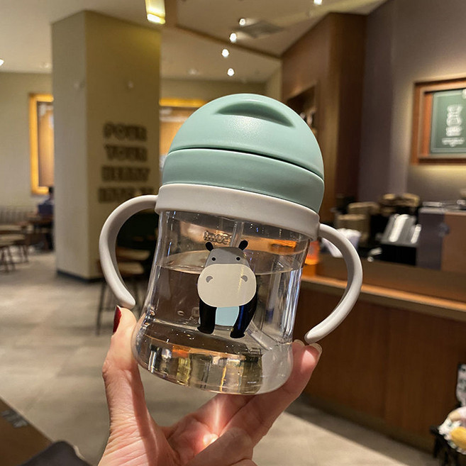 寶寶吸管水杯 可愛河馬造型 附刻度, 綠色, 1套, 250L