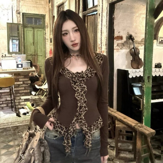 COSYEVNO 여성 긴팔 티셔츠가을 호피 패치워크 허리가 날씬해 보이는 스타일리시한 섹시 탑 lfhnstx-8