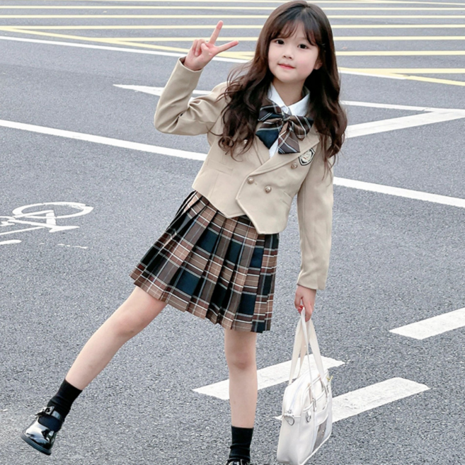 몽키카카 여아 주니어 베이지 상하복 스쿨룩 리본 4종세트 (슈트+셔츠+스커트+리본넥타이)