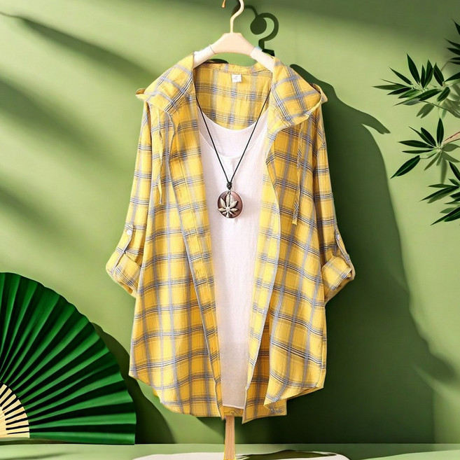 여성용 빅사이즈 오버핏 자외선 차단 남방 자켓 후드 체크 롱 셔츠