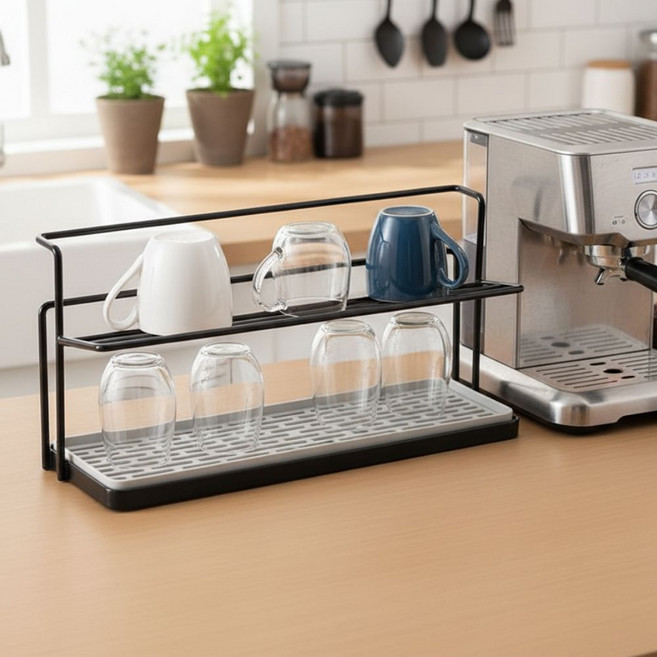 벡사 다용도 물빠짐 튼튼한 2단 컵건조대, 1개, 블랙