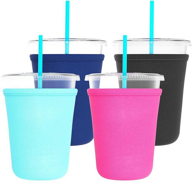 TahoeBay Iced Coffee Cold Cup Sleeve (4-Pack) Reusable Blank Neoprene Insulator Drink Sleeves 16oz, Multicolor