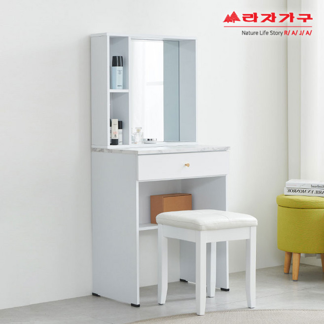 라자가구 위드 심플 600 화장대 스툴 의자 세트 cw131, 대리석화이트+내추럴스툴