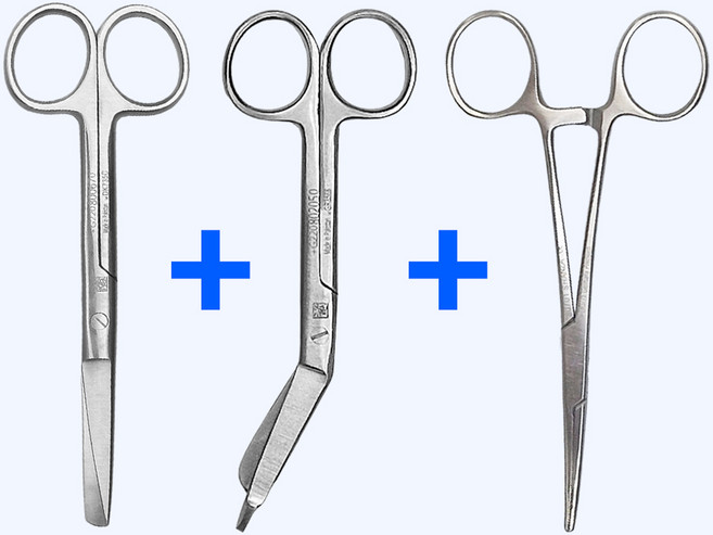 의료용 베이직 3종 일자 시저 가위 + 거즈 붕대가위 + 곡선 캘리 14cm 세트, 3개