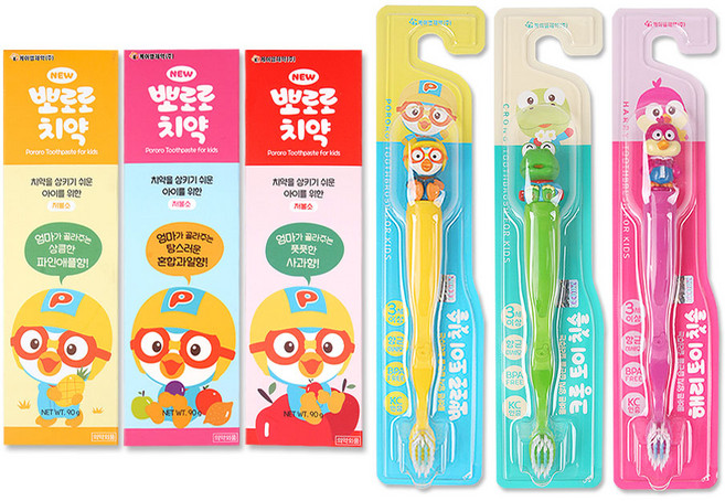 뽀로로 치약 3종(파인애플향/혼합과일향/사과향) + 뽀로로와 친구들 칫솔, 1세트, 6개입, 뽀로로+크롱+해리