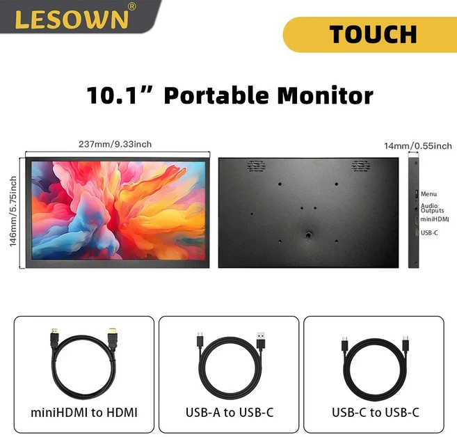 LESOWN 7 10.1인치 휴대용 디스플레이 미니 외장 모니터 1024x600 IPS LCD USB 보조 화면 반려동물 소유자, 01 10.1in Touch Monitor