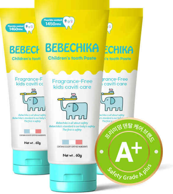 베베치카 국내최대 고불소1450 어린이 아기 불소 치약 무맛 무향, 3개, 60g