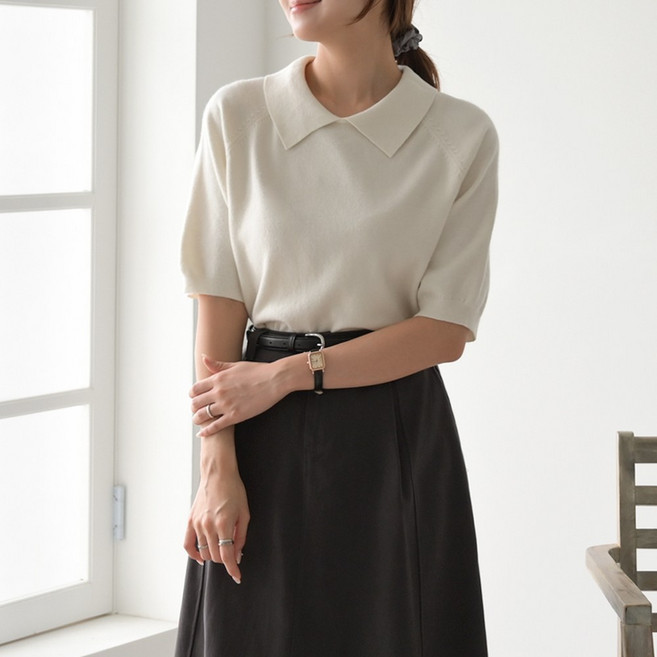 데일리앤 시프 여성 퍼프 5부 반팔 카라넥 니트 티셔츠 부드러운 가을 무지 나그랑 니트티