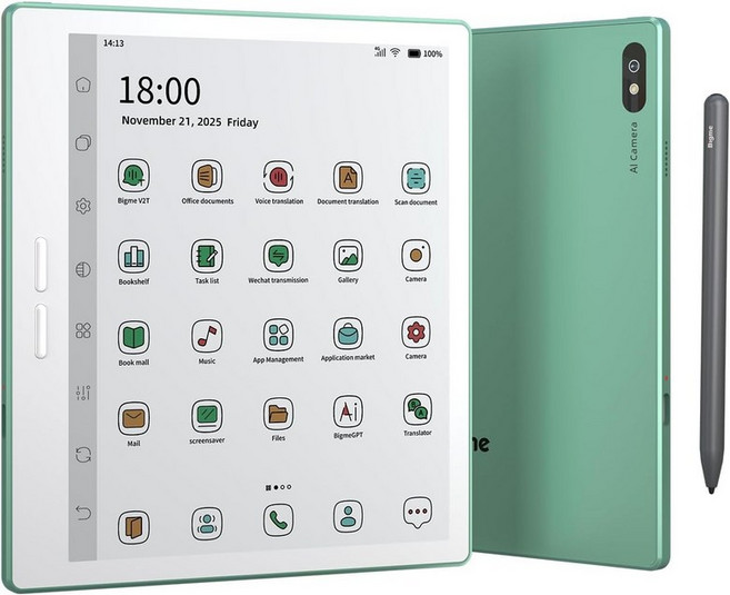 빅미 컬러 전자책 리더기 E-Ink 태블릿 7인치 리더 안드로이드 4G 연결 8GB+256GB 스타일러스 노트 필기 빠른 새로 고침 속도 OCR 텍스트 인식 녹색