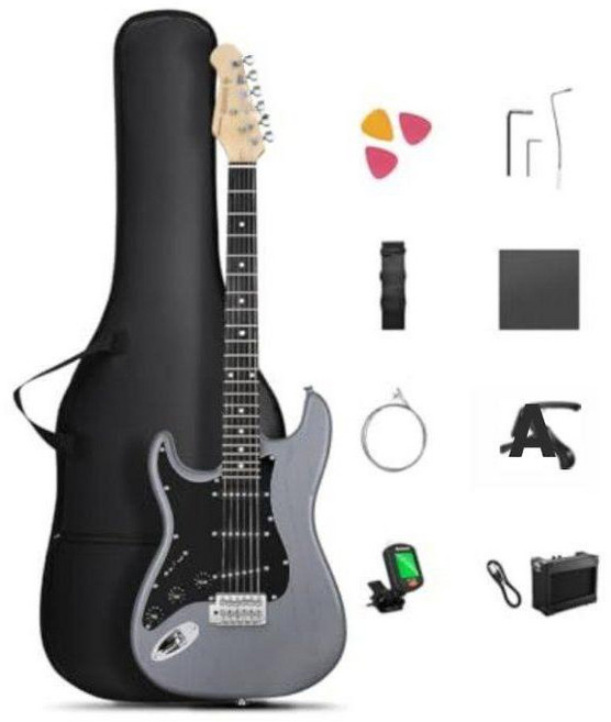 도너 DST-80B 일렉트릭 기타 초보자 세트 ST 타입 39인치 풀사이즈 미니 앰프 포함, 매트 블랙 왼손잡이