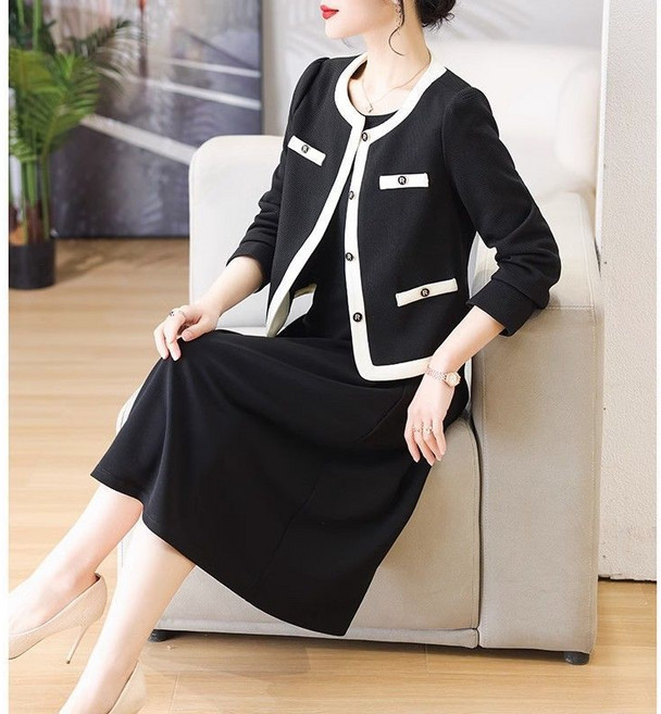 여성 봄 가을 트위드 원피스 투피스 멈마 루즈핏 기질 쇼트 코트 + 패션 원피스 하객룩 데일리 세트 YMY