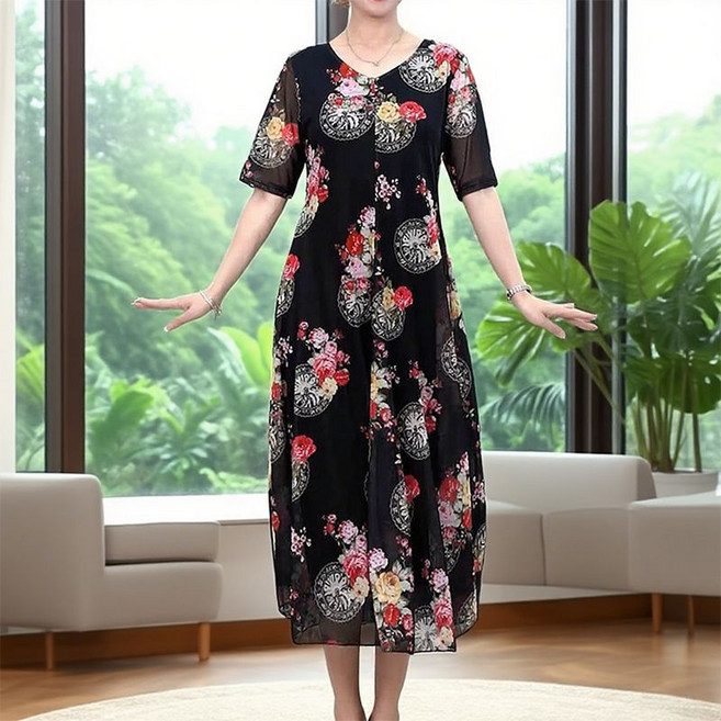 碎花洋氣連衣裙 媽媽韓版寬鬆顯瘦遮肚子高檔大碼連衣裙, 1個, 2520#【黑色檸檬花】 專柜品質2XL 建議115-130斤