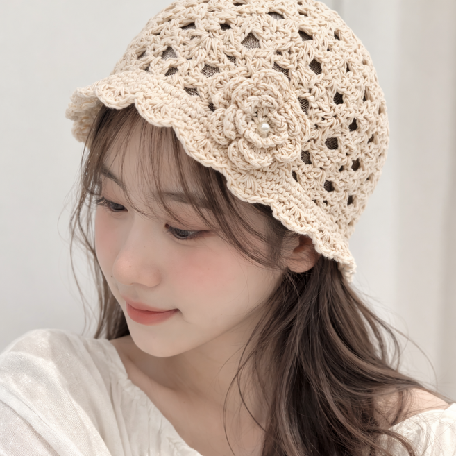 핸드메이드 로즈 장식 니트 벙거지 모자