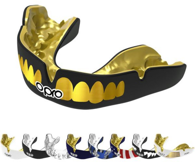 OPRO MMS 인스턴트 커스텀 핏 마우스 가드, Gold Teeth - Black/Gold/Gold, Adult (10+), 1개, 금니 - 검정/금/금