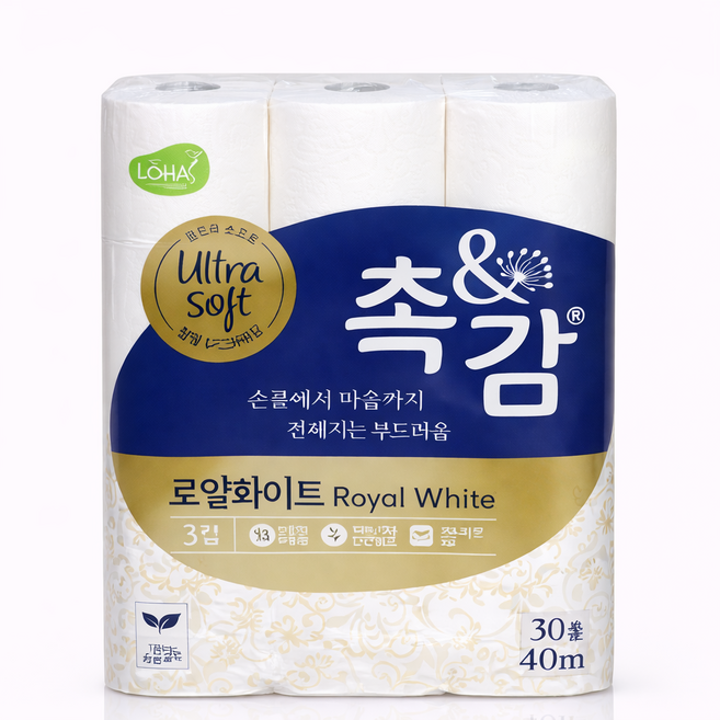 촉앤감 깨끗한나라 로얄화이트 3겹 화장지 40m 30롤 2개