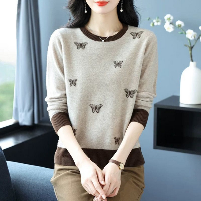 중년 여성 스웨터 봄가을 캐주얼 코디 라운드 긴팔티 풀오버 패션 기질 보온 나비 니트 상의 SJS
