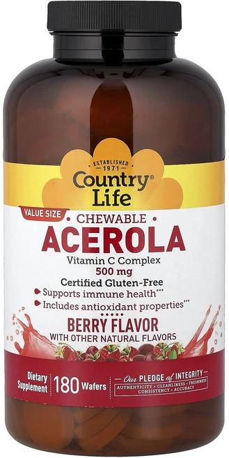 컨트리라이프 츄어블 아세로라 비타민C 복합체 베리 맛 500mg 웨이퍼 180개, 6개, 180정 - 쿠팡
