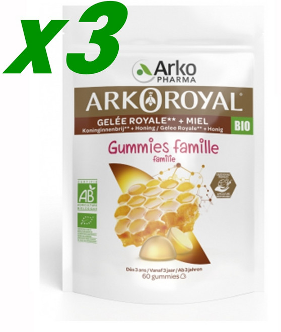 Arkopharma 아코 파마 유기농 로얄 젤리 구미 패밀리 60개입 x 3 어린이 영양제 보충제 성인섭취가능, 3개, 60정