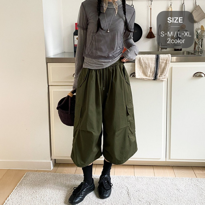 잇진 여성 7부 와이드 카고 버뮤다 밴딩 반바지 카펜터 팬츠