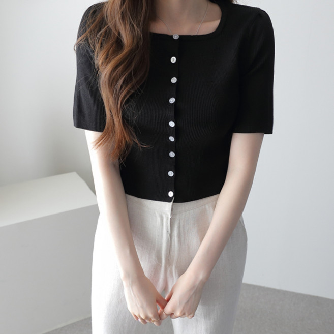 제니트 여성 슬림핏 스퀘어넥 크롭 반팔 버튼 골지 니트 가디건 여름 아츄스퀘어넥
