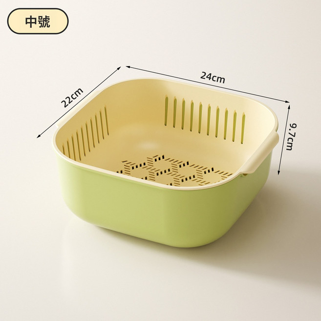 DFMEI 戶外野營雙層瀝水籃簡約糖果特大號廚房水槽塑料濾水果蔬菜洗菜籃, 1個, 果綠色-中號【雙層瀝水籃】:如圖