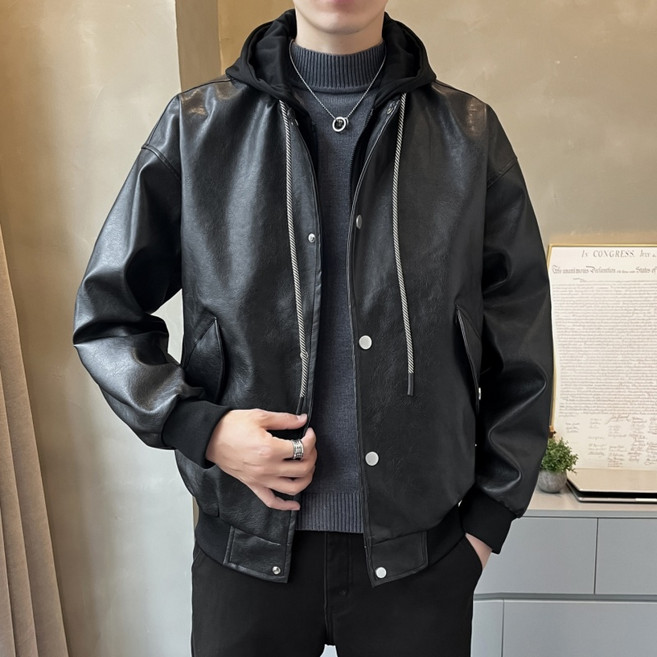 青年男士復古連帽皮衣夾克外套
