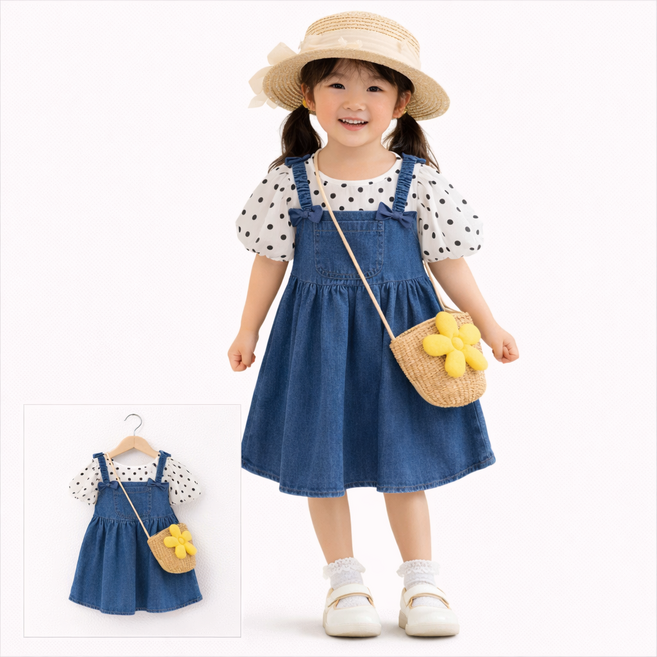 여아 청 멜빵 원피스 세트 도트 블라우스