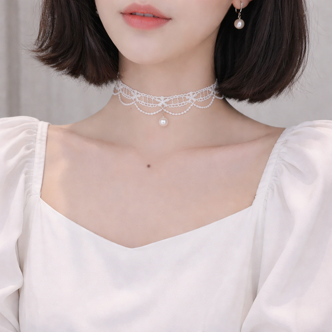 아이루리 물결 꽃 자수 레이스 진주 초커 여리핏 청순 러블리 데이트룩 여성 목걸이