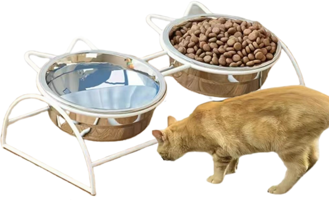 스테인레스 스틸 고양이 밥그릇 2구 전복방지 고양이물그릇 개밥그릇 애견식기 2pcs, 화이트, 14.7*5cm*2개