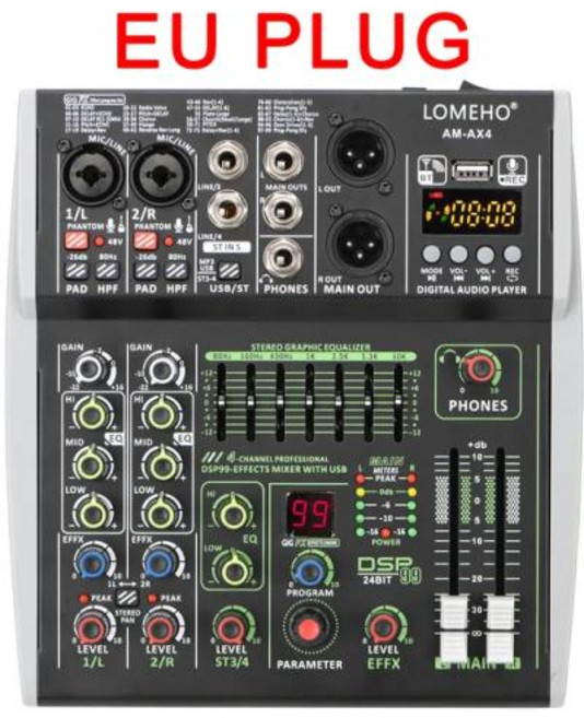 사운드 오디오 인터페이스 음향 믹서 휴대용 소형 녹음기 고음질 장시간 보이스 레코더 음성 회의 강의 녹음 로메호 DSP 효과 믹싱 콘솔 테이블 PC 레코드 6 99, 4 Channels EU plug