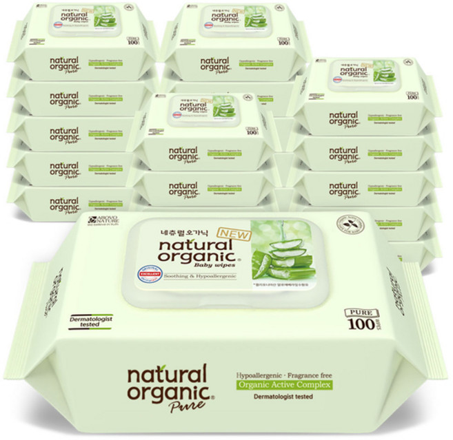 네츄럴오가닉 퓨어 플레인 유아물티슈 스마트캡형, 45g, 100개입, 20개