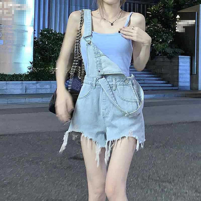 슬림소녀 여성 여름 찢어진 멜빵 청바지 얇은 하이웨스트 일자 반바지