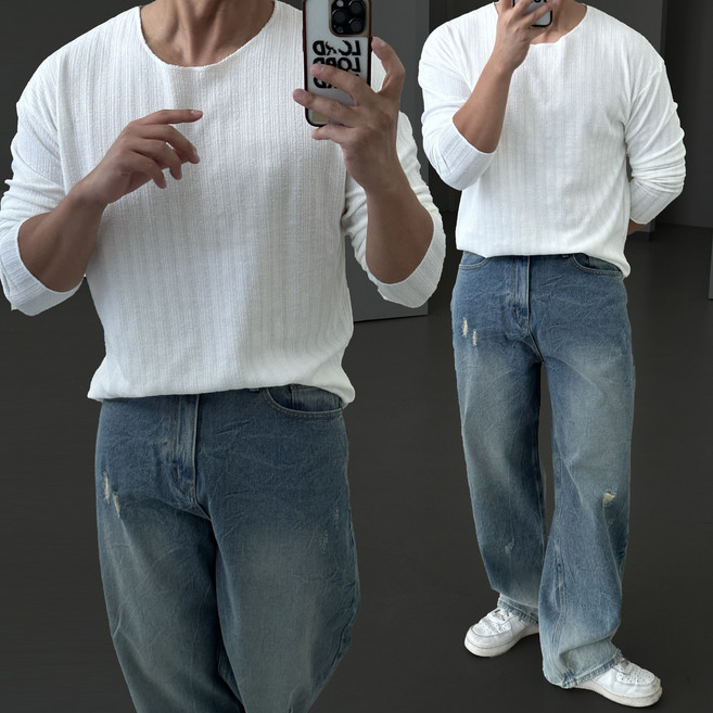 빠델 남성용 섹시 머슬 U넥 데끼 니트 긴팔티셔츠