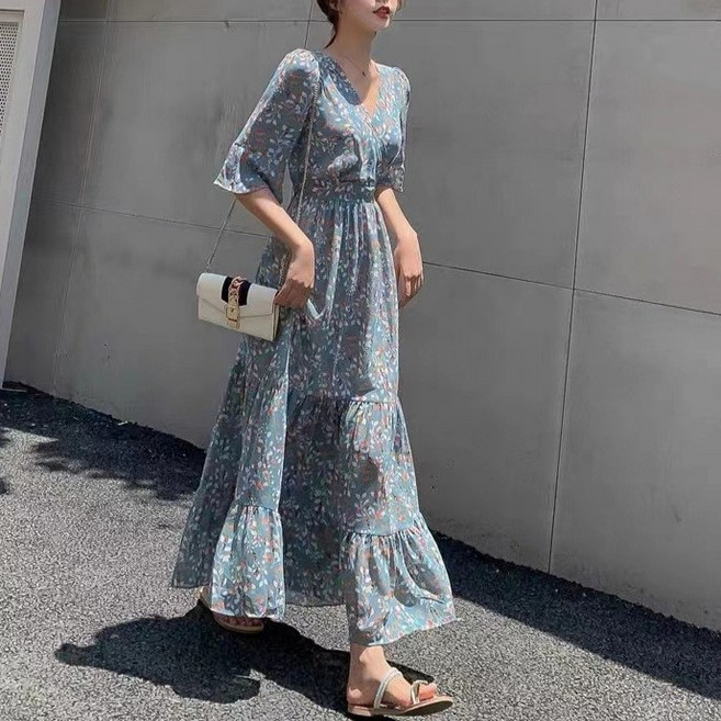 슬림소녀 여성 여름 롱 원피스 플라워 패턴 쉬폰 롱스커트 캐주얼 편안하고 느슨한 통기성