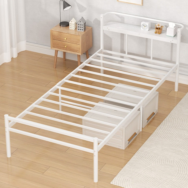 UTIMIU 철제 침대 프레임 헤드형 수납침대 프레임 선반 포함 독신자 아파트 침실, 화이트