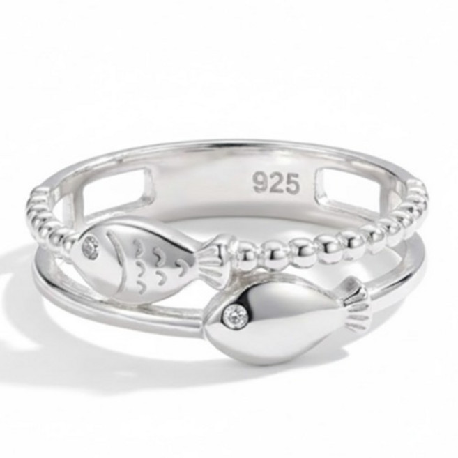 루이비쥬 925실버 통통 두마리 물고기 수능 합격 자녀복 재물운 행운반지+실버진주귀걸이+광택천