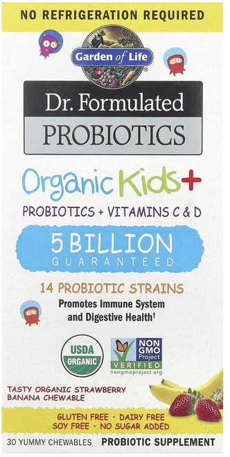 Garden of Life 펄머터 프로바이오틱 제조 유기농 어린이용 + 츄어블 정 맛있는 유기농 딸기 바나나 맛있는 츄어블 30정, GardenofLife펄머터프로바이오틱제조유기농어린이용 - 쿠팡