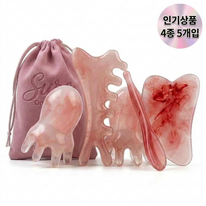 슈어온 괄사 4종세트 문어 두피 얼굴 바디 마사지기, 로즈쿼츠, 1세트