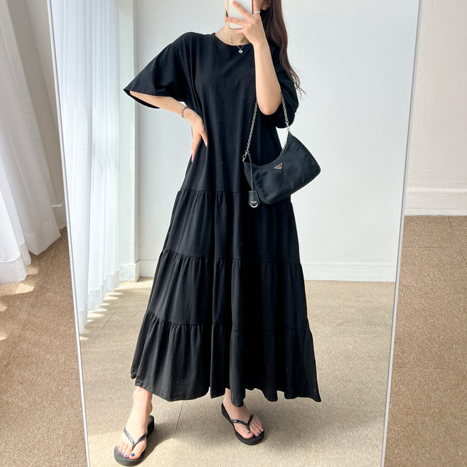 (무배 빅사이즈가능) 반팔 캉캉 썸머 러블리 오버핏 라운드넥 티어드 롱 원피스 3color