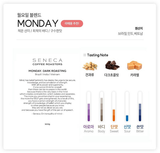 세네카커피 특급호텔 리조트 원두커피 홀빈 분쇄 500g 1kg 블렌딩 월요일, 1개, 홀빈(분쇄안함)