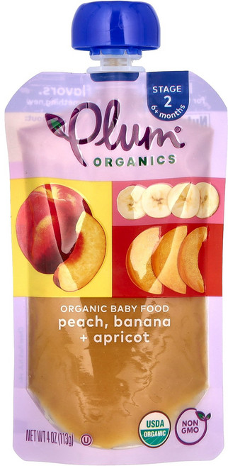 Plum Organics 유기농 베이비 푸드 2단계 배 바나나 & 살구 4 oz (113 g) Organics (플럼 오가닉스), Plum Organics, 유기농 베이비 푸드, 2단계, 1