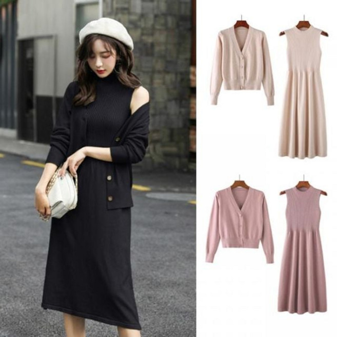 반폴라 민소매 원피스 가디건 세트 HH-B73 eso+532ju