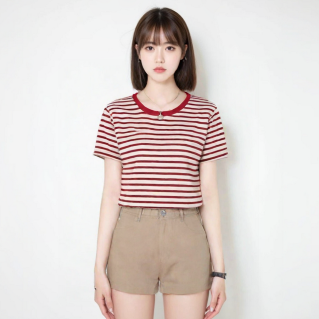 YEON HOME 여성 라운드 스트라이프 줄무늬 티셔츠 반팔