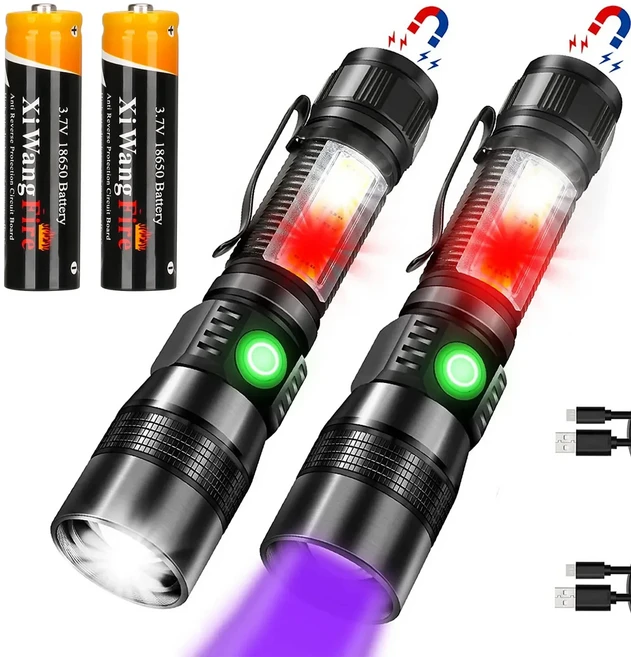 휴대용 UV LED 손전등 다기능 Zoomable 자기 토치 18650 배터리 USB 충전식 비상 검사 랜턴, Short 2PCS, 1개