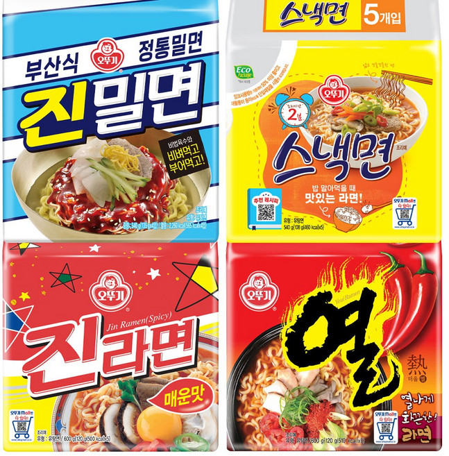 오뚜기라면세트 스낵면5p + 열라면5p + 진라면매운맛5p + 진밀면4p, 1세트
