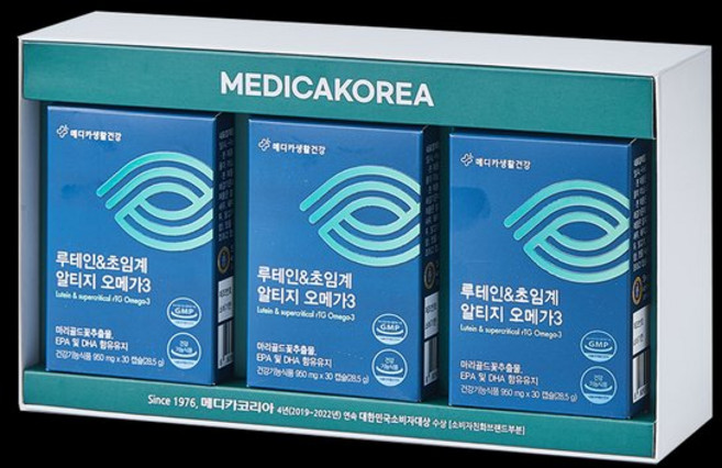 메디카코리아 루테인&초임계 알티지 오메가3 950mgX30캡슐X3박스(총90캡슐)선물세트, 3박스, 30정