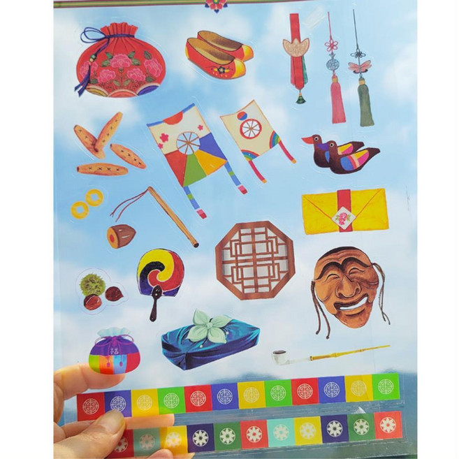 전통스티커 3매입 복주머니 하회탈 전통탈 그림 투명 스티커 초등미술재료 다꾸용